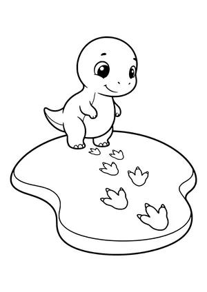 A little dinosaur looks at a trail of big three-toed footprints – printable coloring page