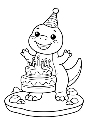 T-Rex in a party hat standing in front of a big cake with candles, looking excited – printable coloring page