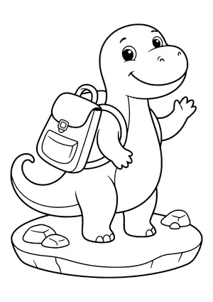 Small dinosaur wearing a big backpack and waving happily – printable coloring page