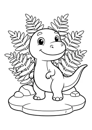Dinosaur peeking out from between large fern leaves – printable coloring page