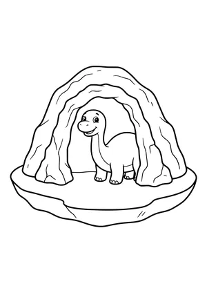 A dinosaur peeks out of a large cave entrance with a white cave interior – printable coloring page