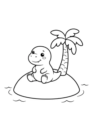 A dinosaur sits on a small round island with a palm tree, surrounded by a few simple waves – printable coloring page