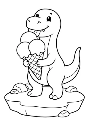 Dinosaur holding an ice cream cone with three big scoops and licking it – printable coloring page