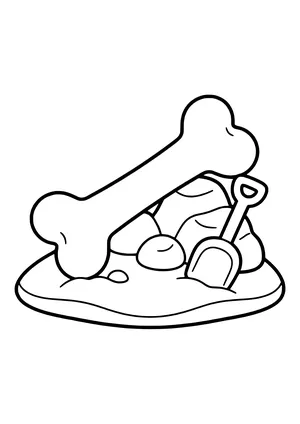 Large dinosaur bone on a small pile of rocks with a child’s shovel beside it – printable coloring page