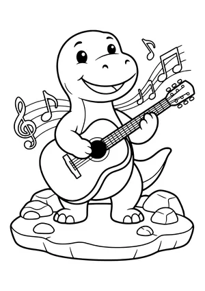 Dinosaur happily playing guitar with big music notes flying through the air – printable coloring page