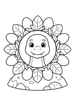 Round dinosaur mandala with a dino head in the center and a ring of leaves and eggs – printable coloring page