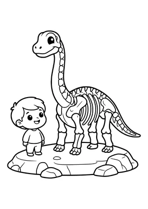 Child stands in wonder in front of a large long-neck dinosaur skeleton on a stone base – printable coloring page