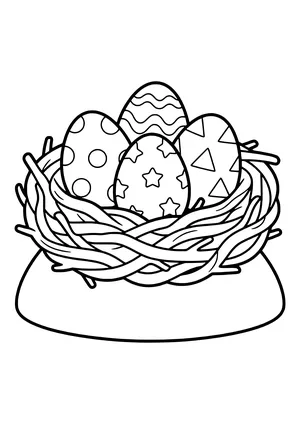 Big nest of thick twigs with four large patterned dinosaur eggs – printable coloring page