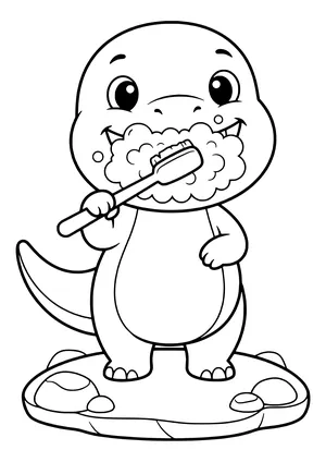 Dinosaur brushing its teeth with a big toothbrush and lots of foam around its mouth – printable coloring page