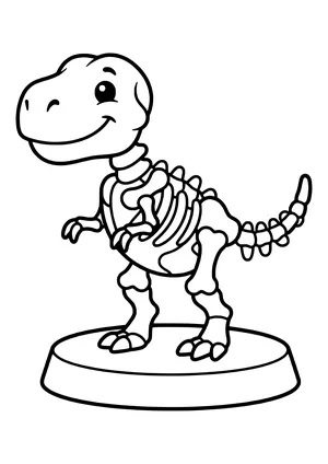 A large T-Rex skeleton made of thick, simple bone shapes stands on a pedestal in a museum – printable coloring page