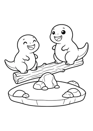 Two laughing dinosaurs play on a log seesaw – printable coloring page