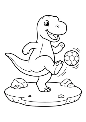 Laughing dinosaur kicking a soccer ball with one leg in the air – printable coloring page