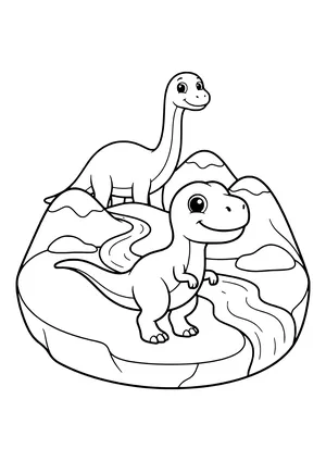 Small dinosaur in front, long-necked dinosaur behind, and a river winding through a valley – printable coloring page