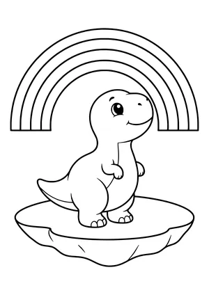 A dinosaur gazes in wonder at a large rainbow made of wide bands – printable coloring page