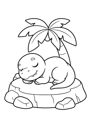 A dinosaur sleeps with a content smile in the shade of a big palm tree – printable coloring page