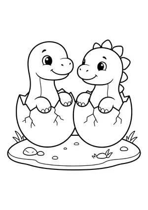 Two baby dinosaurs hatching from two eggs side by side and looking at each other – printable coloring page