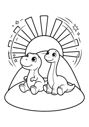 Two dinosaurs sit side by side on a hill looking at a big half sun with wide rays – printable coloring page