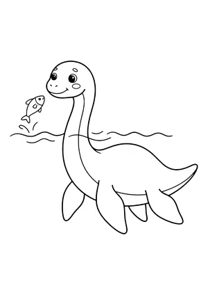 Elasmosaurus with a very long neck looking out of the water as a fish leaps in front of its nose – printable coloring page