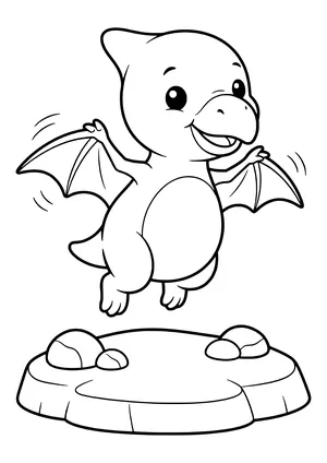 Small baby flying reptile hopping off a rock and trying to fly with its little wings – printable coloring page