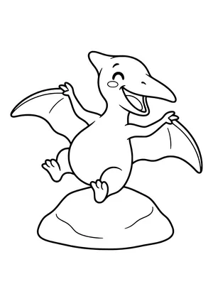 Flying reptile landing clumsily on a rock with wings spread wide and laughing – printable coloring page
