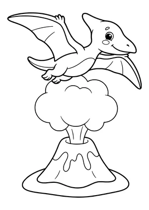 Flying reptile soaring over a small, friendly volcano with a big round smoke cloud – printable coloring page