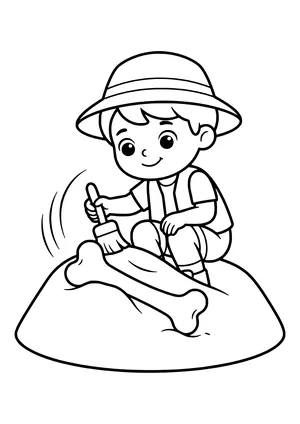 A cheerful young explorer with a hat and brush uncovers a large dinosaur bone in the sand – printable coloring page