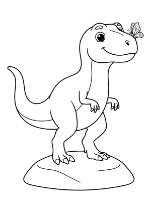 Very large, friendly Giganotosaurus with a small butterfly sitting on its nose – printable coloring page