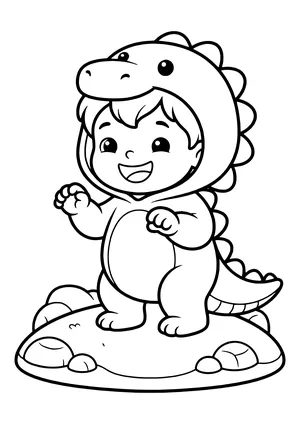 Laughing child in a dinosaur costume with spikes on its back – printable coloring page