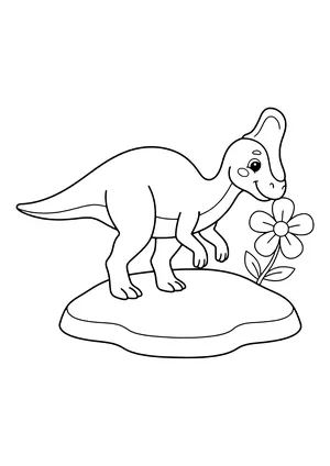 Lambeosaurus with a hatchet-shaped head crest sniffing a big flower – printable coloring page