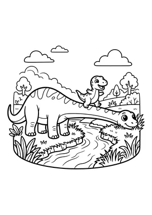Long-necked dinosaur stretching its neck over a creek while a little dino walks across it like a bridge – printable coloring page