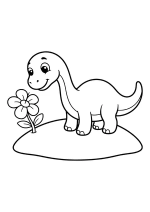 Small baby long-necked dinosaur stretching its neck curiously toward a flower – printable coloring page