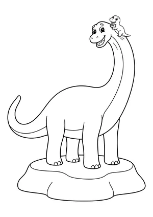 Big long-necked dinosaur with a small laughing baby dino sitting on its head – printable coloring page