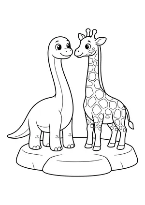 Long-necked dinosaur and giraffe looking at each other in amazement, eye to eye – printable coloring page