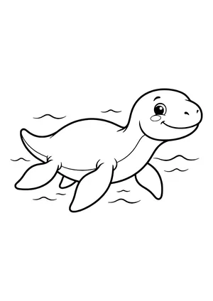 Liopleurodon with a strong head and four big flippers swimming through waves, smiling with its mouth closed – printable coloring page