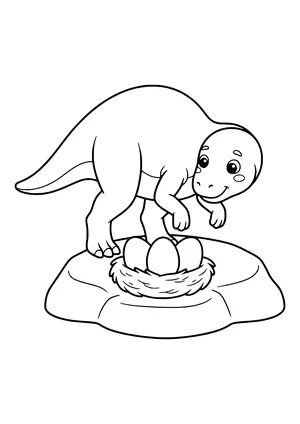 Maiasaura mom leaning lovingly over a nest with three eggs – printable coloring page