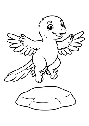 Small Microraptor with big feathered wings gliding happily above a rock – printable coloring page
