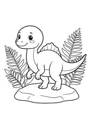 Ouranosaurus with a small back sail standing between two large ferns – printable coloring page