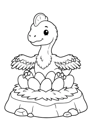 Feathered Oviraptor with a small head crest sitting on its nest of big eggs with arms spread – printable coloring page