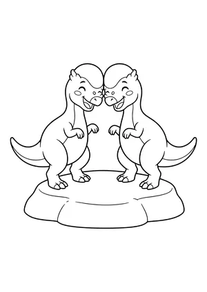 Two laughing Pachycephalosaurus gently bumping their heads together – printable coloring page