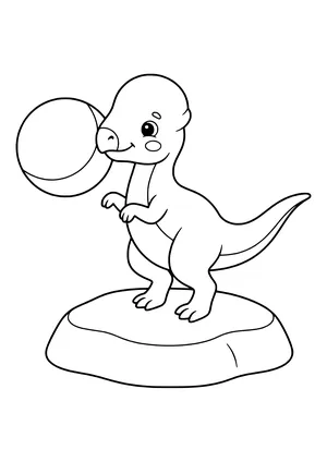Pachycephalosaurus with a round domed head playfully nudging a big ball – printable coloring page