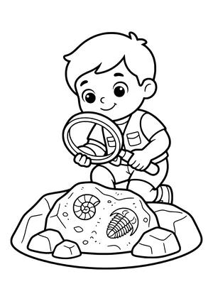 Young explorer looks at a fossil rock through a large magnifying glass – printable coloring page