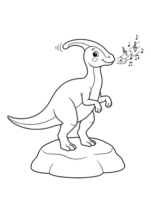Parasaurolophus happily making music with its head crest, little music notes flying from its snout – printable coloring page