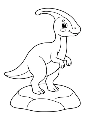 Parasaurolophus with a long curved head crest standing upright and smiling – printable coloring page