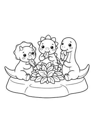 Three small plant-eating dinosaurs sitting around a big pile of leaves and eating – printable coloring page