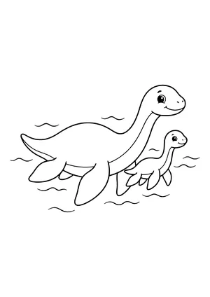 Plesiosaurus mom swimming with her baby close by her side – printable coloring page