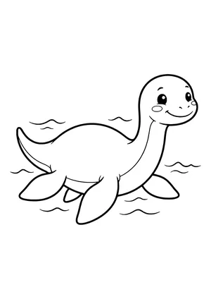 Plesiosaurus with a long neck and four large flippers swimming happily – printable coloring page