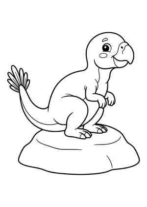 Small Psittacosaurus with a parrot-like beak and tail bristles sitting on a rock – printable coloring page