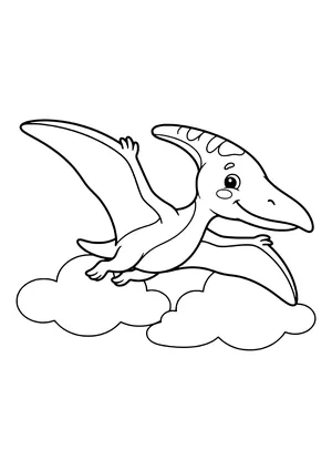 Pteranodon with large outstretched wings and a long head crest gliding above two clouds – printable coloring page