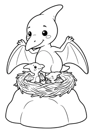 Pteranodon sitting in a nest on top of a tall rock with two babies – printable coloring page