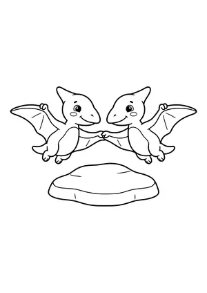 Two small flying reptiles flying side by side holding hands – printable coloring page